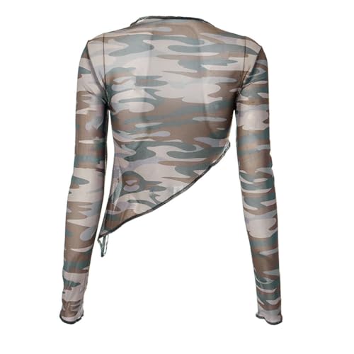Women's Mesh Sheer See Through Crop Tops Long Sleeve Print Slim Fit Asymmetric Cut Out T Shirts Cover up4