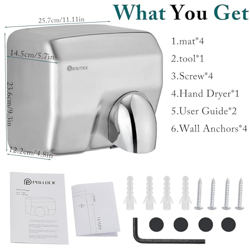 KSITEX Handtrockner Kommerziell, Edelstahl – Schneller Elektrischer Händetrockner wandmontiert, 2300W, Automatischer Sensor, für Toilette, Bad (2300W, Edelstahl)