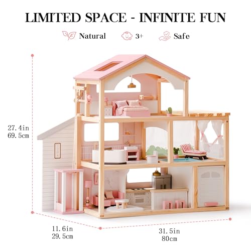 ROBOTIME Wooden Dollhouse, Doll House with 29 Pieces Furniture Set - Pool and Elevator, Wooden Doll House for 4, 5, 6-Inch Dolls, 6 Rooms Pink Dollhouse Gift for Kids Girls Ages 3+ (Pink) by ROBOTIME - Image 5