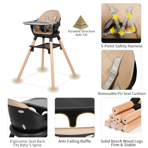 Image of 6 in 1 Baby High Chair, Convertible Wooden High Chairs, Black | Booster Seat for Babies and Toddlers, Baby Feeding Chair with 5-Point Harness, Double Removable Tray & Adjustable Footrest