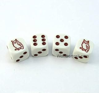 Owl Dice White Opaque with Brown Pips D6 16mm (5/8in) Set of 4 Dice Koplow Games WKP18707E4