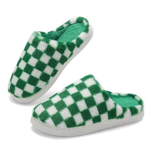 Women House Checkered Slippers - Mens Cozy Fuzzy Plaid Memory Foam Slippers with Faux Fur Lining for Indoor & Outdoor Comfort Soft Slides