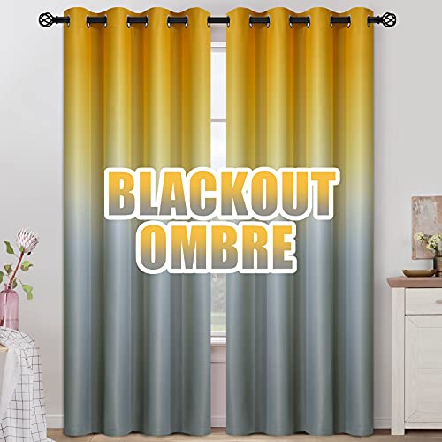 COSVIYA Grommet Ombre Room Darkening Curtains 96 inches Long for Kids/Girls Bedroom, Polyester Light Blocking Yellow to Gray Gradient Window Drapes/Curtains for Living Room,2 Panels, 52x96 inches