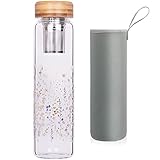 Reeho Teeflasche aus Glas mit Edelstahl Sieb 1000ml / 1 Liter, Glas Wasserflasche mit Neoprenhülle Teekanne mit Filter to go, Borosilikatglas Wasserflasche BPA-Frei (Klein blumig)