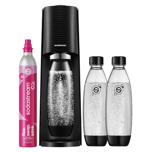 Sodastream TERRA Wassersprudler Soda Stream Maschine mit 1 Quick Connect 60L CO2-Zylinder 2x 1L und 3x 1L spülmaschinengeeignete Kunststoff-Sprudlerflaschen Höhe 44 cm Schwarz