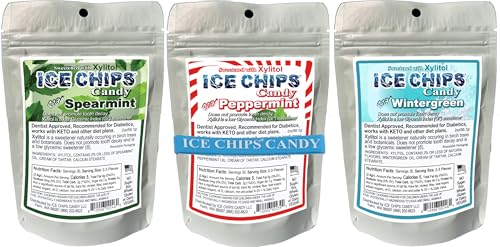 Ice Chips Xylitol Candy Mints 3 Pack: Peppermint, Spearmint & Wintergreen; 2 Oz each, includes Band
