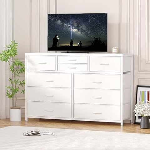 GarveeHome White Dresser for Bedroom, Wide Dressers & Chest of Drawers for Closet, 47 inch TV Stand with Big Storage, Long 10 Drawers Fabric Dresser with Metal Frame for Living Room, Closet Cover