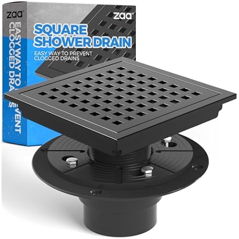 zaa 6 Inch Square Shower Drain, Bathroom Floor Drain, 304 Stainless Steel Shower Floor Drain Kit with Flange, Removable Shower Drain Grate with Hair Strainer, Black Cover