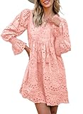 Dokotoo Long Sleeve Dress for Women Elegant Pure Cotton Pink Dress Loose Fit A Line Hollow-Out Causal Dress Trendy Gowns and Evening Dresses Casual Fall Party Dresses Small