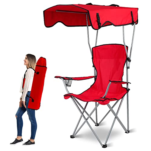 Silla plegable con toldo de playa, protección solar, para camping, césped, 330 libras, asiento plegable con soporte para tazas para playa, piscina, viajes, picnic (rojo)