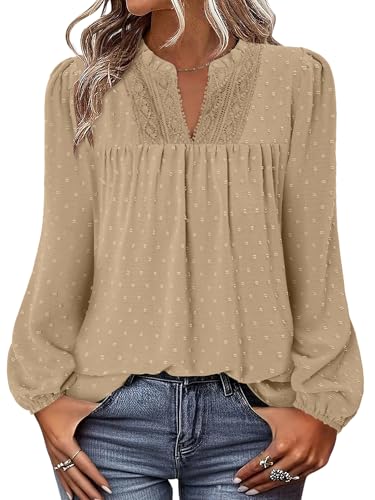 BETTE BOUTIK Women Boho Long Sleeve Shirts Dressy Casual V Neck Fall Fashion Tops Swiss Dot Flowy Blouses