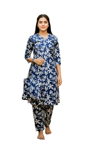 Image of Vlazom Women's 3-Piece Cotton Cord Set with Matching Bag | Floral Printed Co-Ord Set with Kurta Top & Pants | Ethnic Cotton Coord for Women