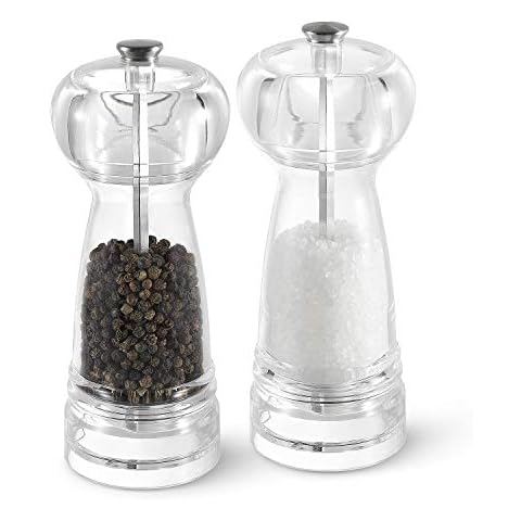 Vzaahu Clear Acrylic Salt and Pepper Grinder 2 Set Refillable Seasalt Peppermill Transparent Kitchen Shaker for Adjustable Coarseness Ceramic Cover