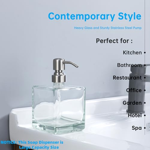 Image of Square Bathroom Soap Dispenser Brushed Nickel, Large Capacity 16.9 oz Glass Bottles with Stainless Steel Pump Retangle Cube Liquid Soap Dispenser Kitchen