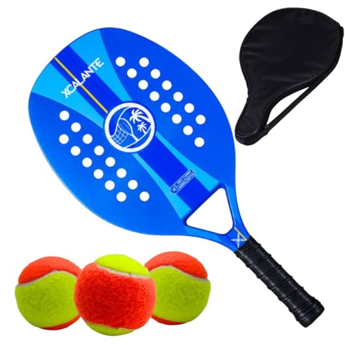 Raquete Para Beach Tennis Profissional em Fibra Carbono Com Capa Protetora + 3 Bolinhas de Beach Tennis Para Iniciantes e Profissionais (Azul)