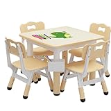 Garvee Kindersitzgruppe mit 4 Stühlen, 60x60cm Kindertisch Holzoptik, Stabiles Kindermöbel Set für Spielzimmer & Kinderzimmer, Lerntisch & Spieltisch mit Antirutsch-Pads, Natur/Weiß