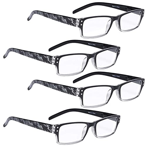 LUR READING GLASSES 4 pack with Pattern Arms Spring Hinge Readers Women (Black Transparent, +1.50)