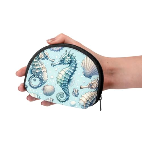 Portable Coin Purse Watercolor-Seahorse-Seashells Mini Zippered Money Pouch Card Holder3