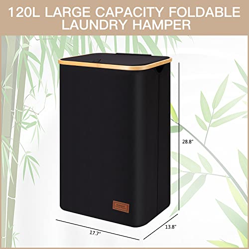 Dofasayi Laundry Hamper With Lid - 120L Xl- Large Laundry Basket With Bamboo Handles, Portable Clothes Hamper For Dorm Room, Bathroom, Bedroom, Grey Foldable Hamper For Toys, Closet, Clothing,Black #TOP3