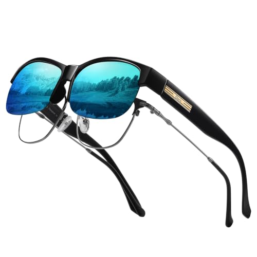 DUCO Herren und Damen Sonnenbrillen Polarisiert Unisex Brille Überbrille für Brillenträger Fit over Polbrille 8960 (Schwarz Rahmen, Blau Linse)