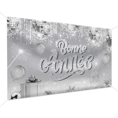 MEHOFOND 1,8 x 1,1 m Décoration de Bonne Année Bannière Argent Nouvel An 2026 Bannière Jour de l'An 2026 Nouvel An Bannière Bonne Année Décoration Fournitures