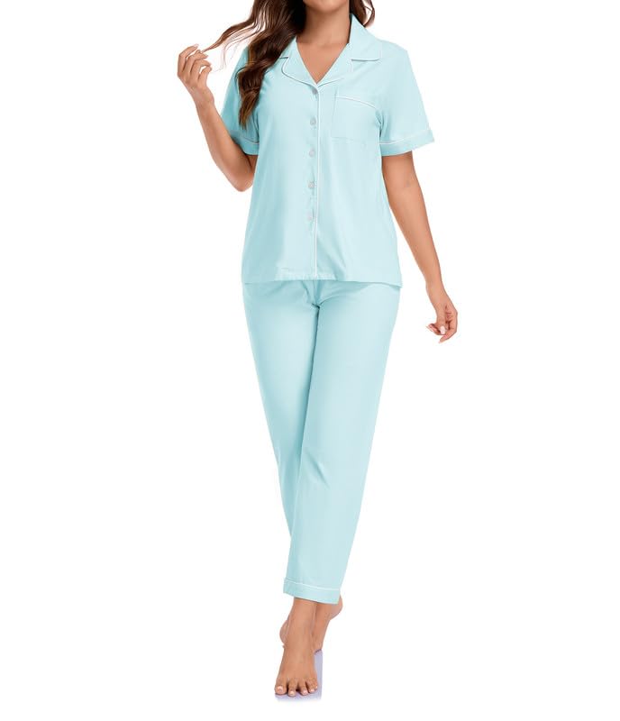 Image of CF 100% Cotton Pajamas for Women Set 2 Piece Short Sleeve Tops and Long Pants Comfy Well-Fitted Loungewear Set Pj Sets