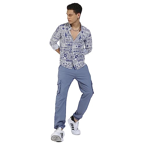 Image of Campus Sutra Men's Indigo Blue Contrast Aztec Shirt for Casual Wear | Spread Collar | Long Sleeve | Button Closure | Rayon Slub Lycra Shirts Crafted with Comfort Fit for Everyday Wear