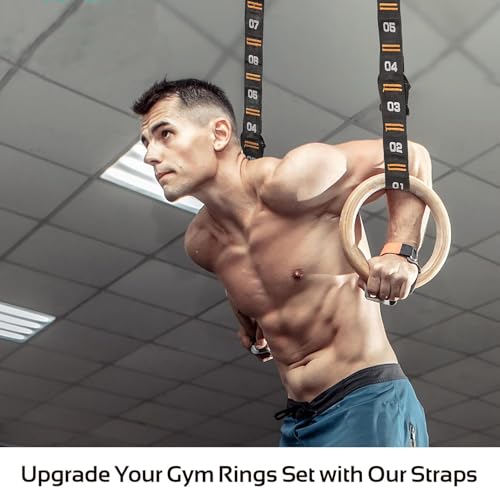 Image of Adjustable Numbered Straps for Gymnastic Rings Steel Carabiners Quick Hook System Easy to Set Up One Pair Strap Only (Orange)