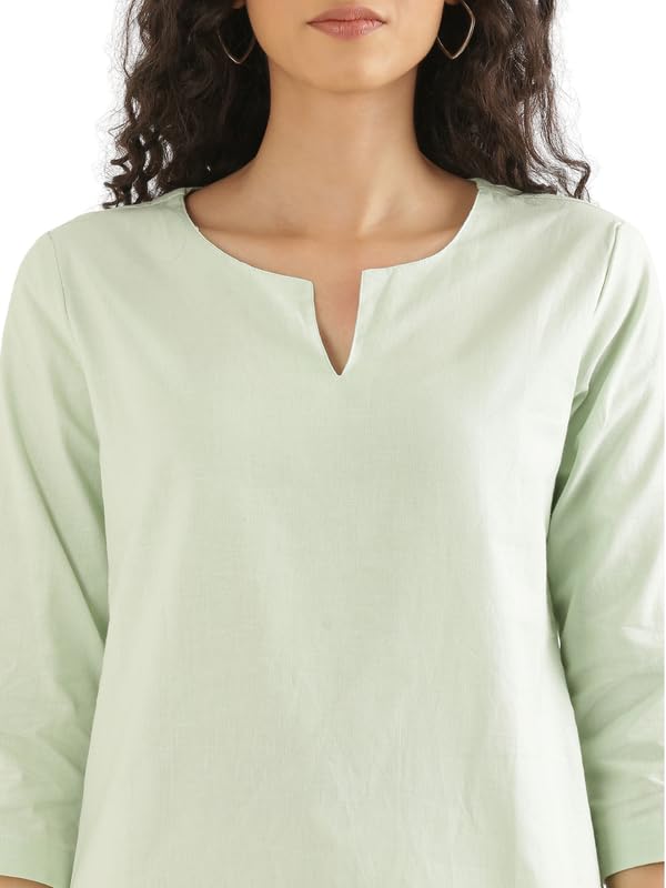 Image of SAADAA Airy Linen Split Neck Short Kurta for Women | Casual & Office Wear | 3 /4 Sleeves, Comfortable Fit | Elegant Top | Lightweight & Breathable Fabric |