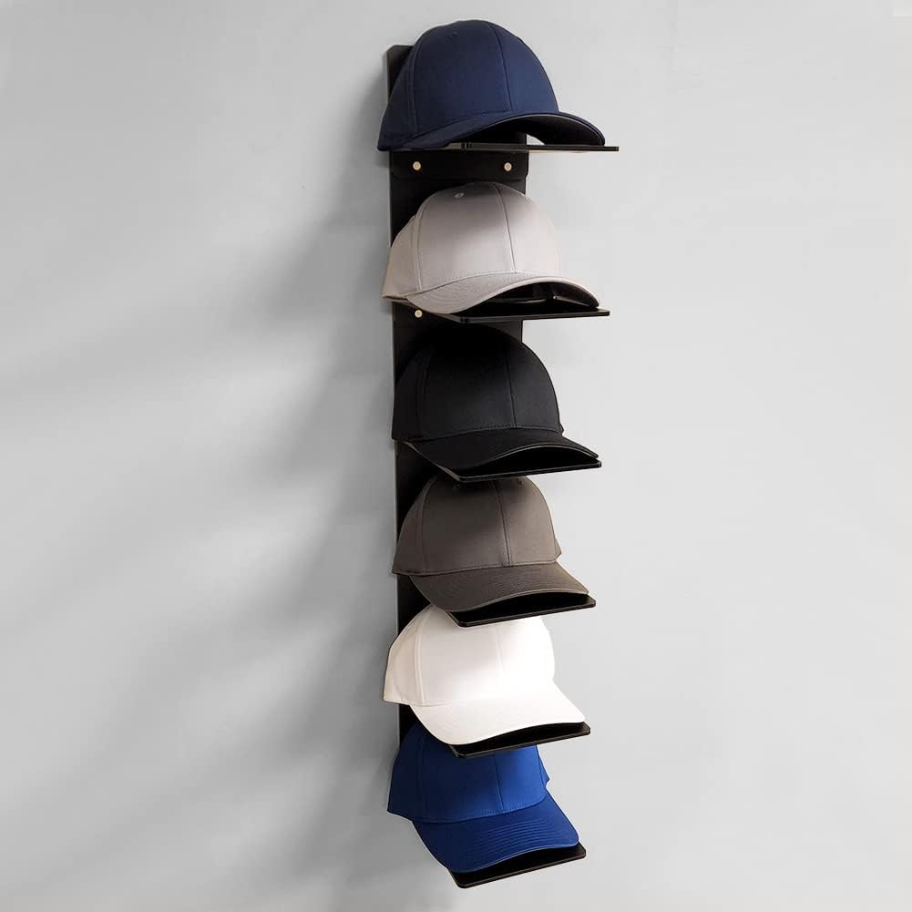 OnDisplay Luxe Acrylic Hat Rack Display - Wall Mounted Baseball Cap Organizer - Multi Shelf Wall Display for Hats (Matte Black)