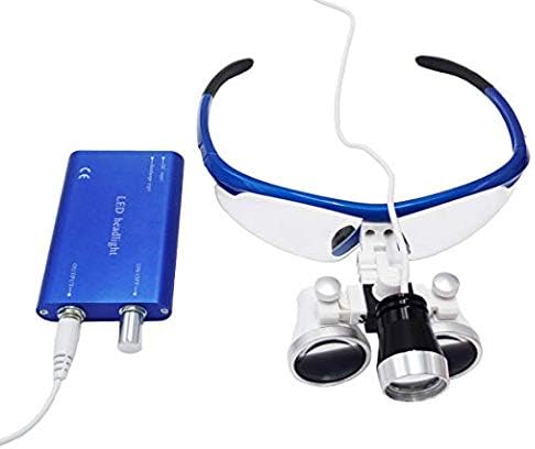 【Dental Loupes 】 3.5X420mm Portable Dental Surgical Binocular Loupes Optical Glass with LED Head Light Lamp Blue