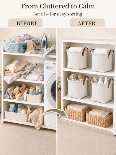 Panovox Hand Woven Baskets for Storage, 4Pcs Water-Resistant Wicker Baskets, White Wicker Storage Baskets for Shelves, Large Basket with Handle for Organizing, Closet, Laundry, Blanket - Round - Image 6