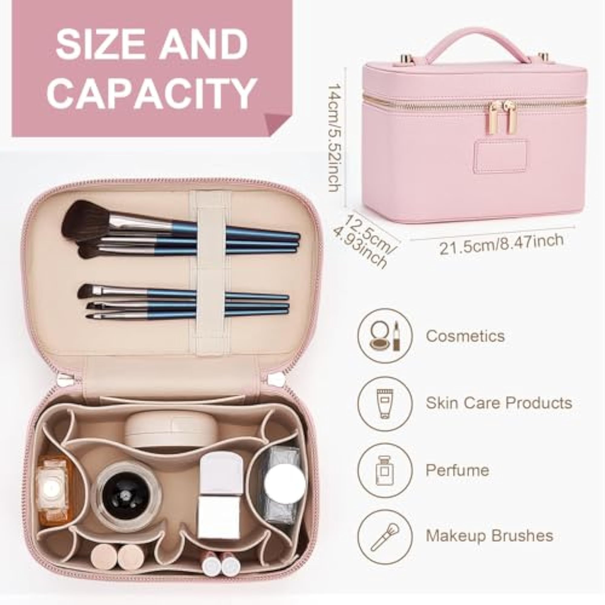 Leather Makeup Bag Vanity Case for Women, Pink