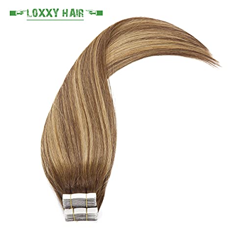 Loxxy Tape In Hair Extensions Seamless Skin Weft Brazilian Natural Remy Thick Human Hair Ombre Chocalate Brown Fading Into Chocolate Brown With Strawberry Blonde Highlight R#4-4/27 20Pcs 50G 16Inch #TOP4