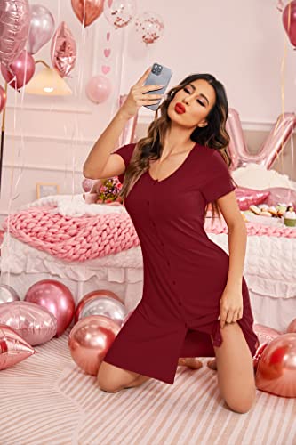 Image of Ekouaer Women's Nightshirt Short Sleeve Button Down Nightgown V-Neck Sleepwear Pajama Dress