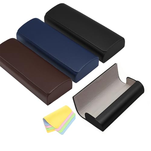 Générique 3 Pièces Étui à Lunettes Rigide en Cuir PU, Boîte Soleil Portable pour Hommes Femmes, Boîte Anti-Chute Bleu Noir Marron (3)