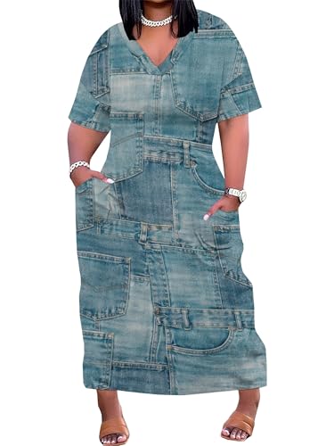Image of SUZONANA Plus Size Denim Print Maxi Dresses for Women Casual V Neck Short Sleeve with Pockets Soft Jean Look Dress XL-6XL