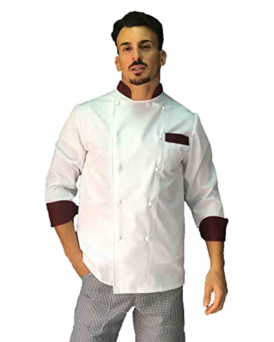 tessile astorino Chaqueta de cocinero para hombre personalizada – Casaca de cocina Chef – Varios colores – Uniforme personalizable para restaurante – Made in Italy, Blanco Y Burdeos, XXL