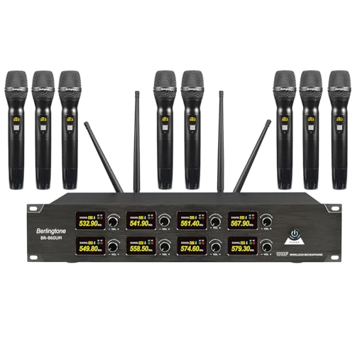 Sistema inalámbrico profesional de micrófonos UHF de 8 canales, micrófonos dinámicos metálicos sin cable, alcance de 262 pies, ideal para karaoke, iglesia, canto, DJ y fiestas (BR-860UM) miniatura 1