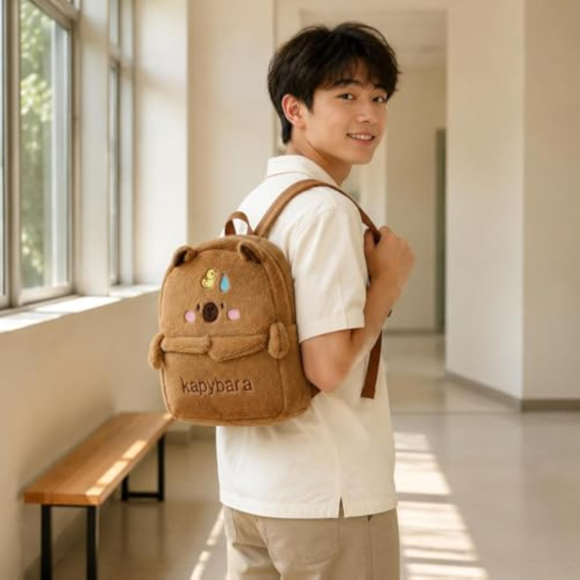 Embroidered Capybara Soft Backpack, Front Pocket