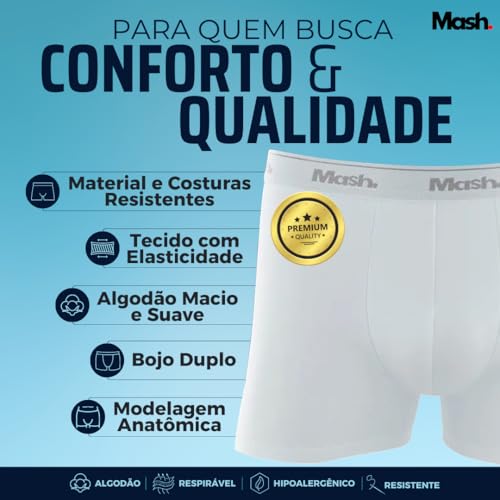 Kit 6 Cuecas Boxer Cotton Mash Elástico Exclusivo Masculino Adulto | 3 Brancas - 3 Pretas | G
