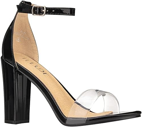 ILLUDE Women’s Open Toe Ankle Strap Chunky Block High Heel - Formal, Wedding, Party Classic Heeled Sandals - Ruby (7, Clear Black)