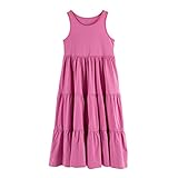 UNACOO Kids Girls 100% Cotton Sleeveless Long Maxi Tiered Dress (Age 3-12 Years)(Rose red, xs(3-4Y))
