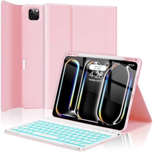 HOTLIFE for iPad Pro 11 Inch (M4) 2024 Case with Keyboard, Magnetic Detachable - 7 Color Backlit Keyboard Case for iPad Pro 11 (M4),Wireless Folio Keyboard Case with Pencil Holder (Pink)