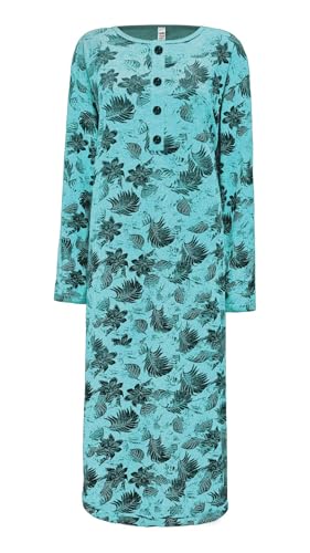 i-Smalls Women's Thermal Nightdress Super Soft Fleece Leaf Print Button Down Nightshirt Nightie (3XL) Turquoise