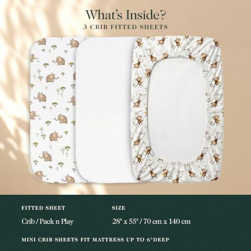 Image of 100% Organic Cotton Baby Crib Sheets (3-Pack) - GOTS Certified, Soft Fitted Sheets for Mini Mattress & Pack n Play, 5 in Deep Pocket with Secure Elastic Fit, Boys & Girls, (28 inch x 55 inch) Safari
