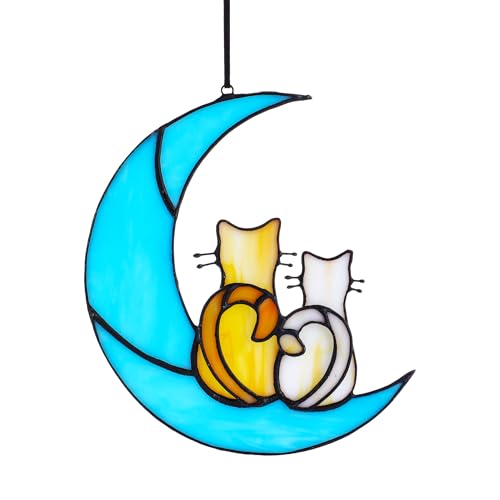 HDCRYSTALGIFTS 6.5'' Valentine’s Day Gift, Cat Lovers Stained Glass Window Hanging Sun Catcher Gifts for Women/Girls, Glass Couple Cat Sitting on Moon Suncatcher for Window, Wall Home Decor