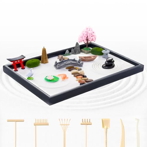 DEERSJUMP Mini Zen Garden Kit for Desk 11.8x7.8'' Japanese Sand Garden for Office and Home...