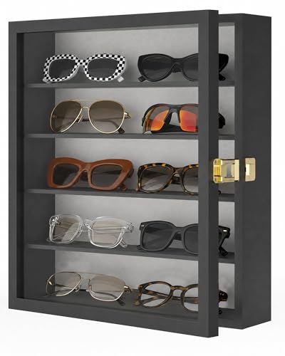 TJ.MOREE 5-Tier Sunglasses Organizer Storage Wall Mounted: 13 x 15 inches Eyewear Display Case Rustic Wood Eyeglasses Holder Large Glasses Storage Box, Black