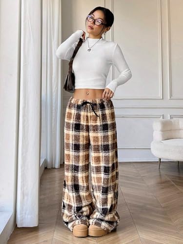 Image of ZAFUL Women's Fuzzy Plush Pajama Pants Wide Leg Pj Bottoms Lounge Pants | Soft Fluffy Sleep Pants Drawstring Elastic Waist Teddy Pjs for Women No Pockets